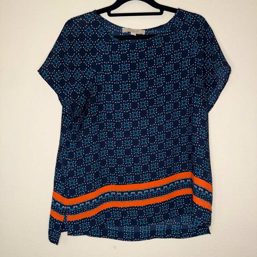 LOFT Navy Geometric Print Blouse with Orange Stripes